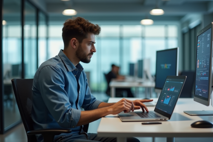 Jeune professionnel IT examinant un logiciel de sécurité