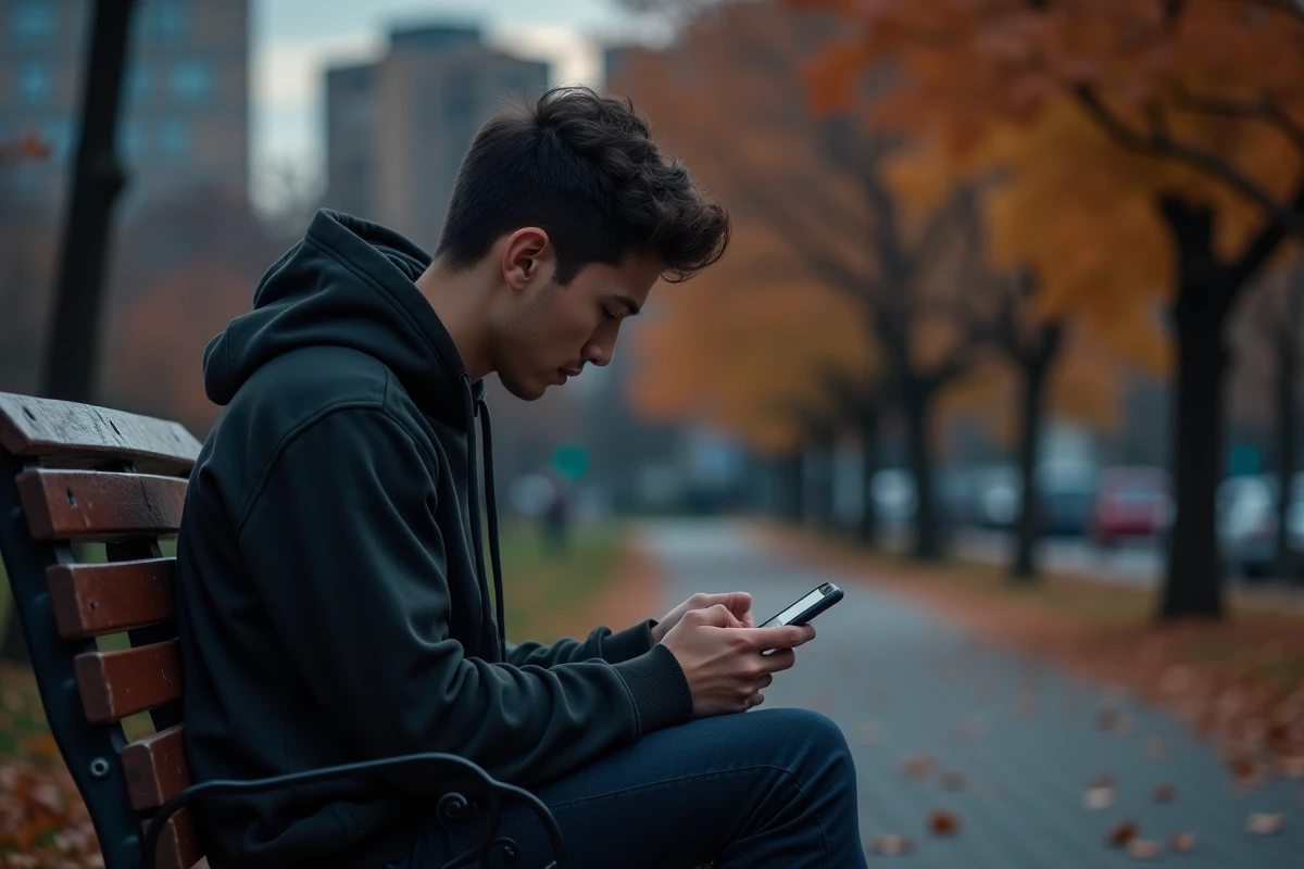 Jeune personne envoyant un message masqué depuis un banc de parc à l'automne