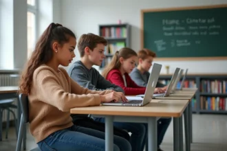 Quatre collégiens français concentrés sur un ordinateur en classe