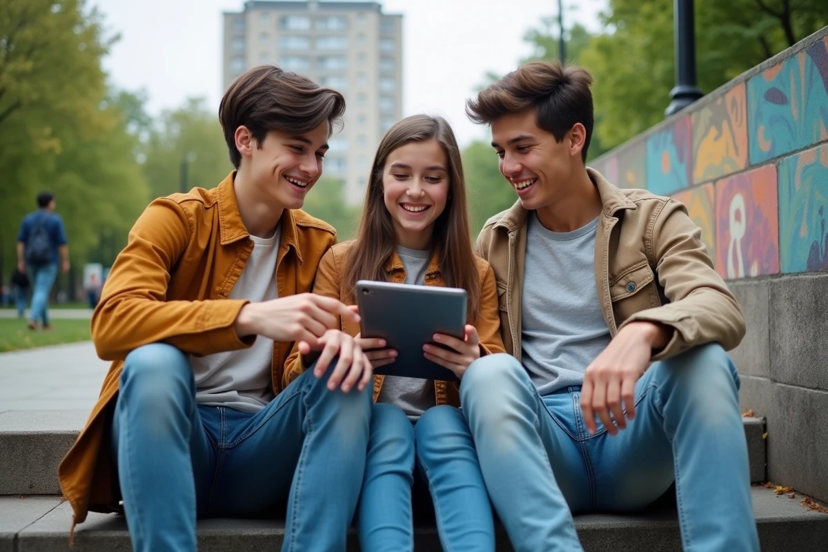 Groupe d adolescents discutant avec une tablette dans un parc urbain
