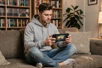 Un joueur tenant une console portable futuriste de type PS Handheld dans un salon cosy, illustrant le concept de successeur idéal à la PS Vita