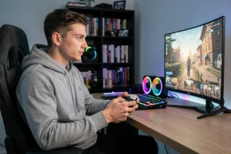 Joueur sur PS5 avec manette DualSense devant un écran OLED 1440p dans un setup gaming moderne