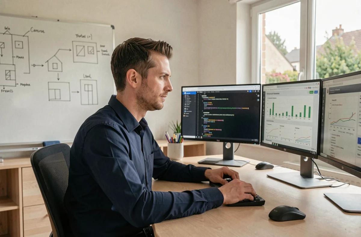 Développeur freelance spécialisé en stratégie web travaillant depuis son bureau à domicile près de Villenave-d'Ornon, entouré de moniteurs affichant des tableaux de bord et du code