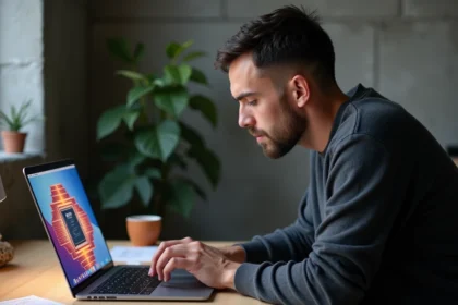 Homme étudiant les caractéristiques du Mac avec puce Apple M5 sur un bureau minimaliste en bois