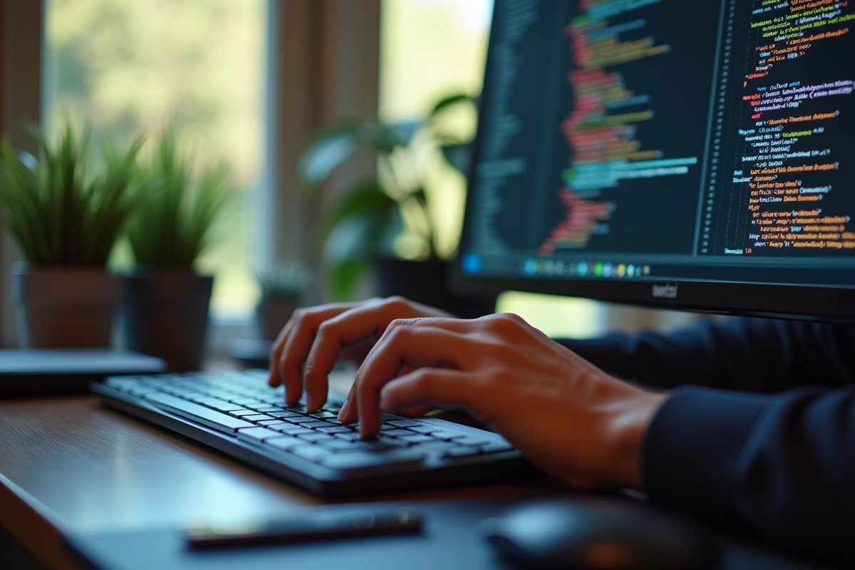 Mains tapant du code HTML sur un clavier d