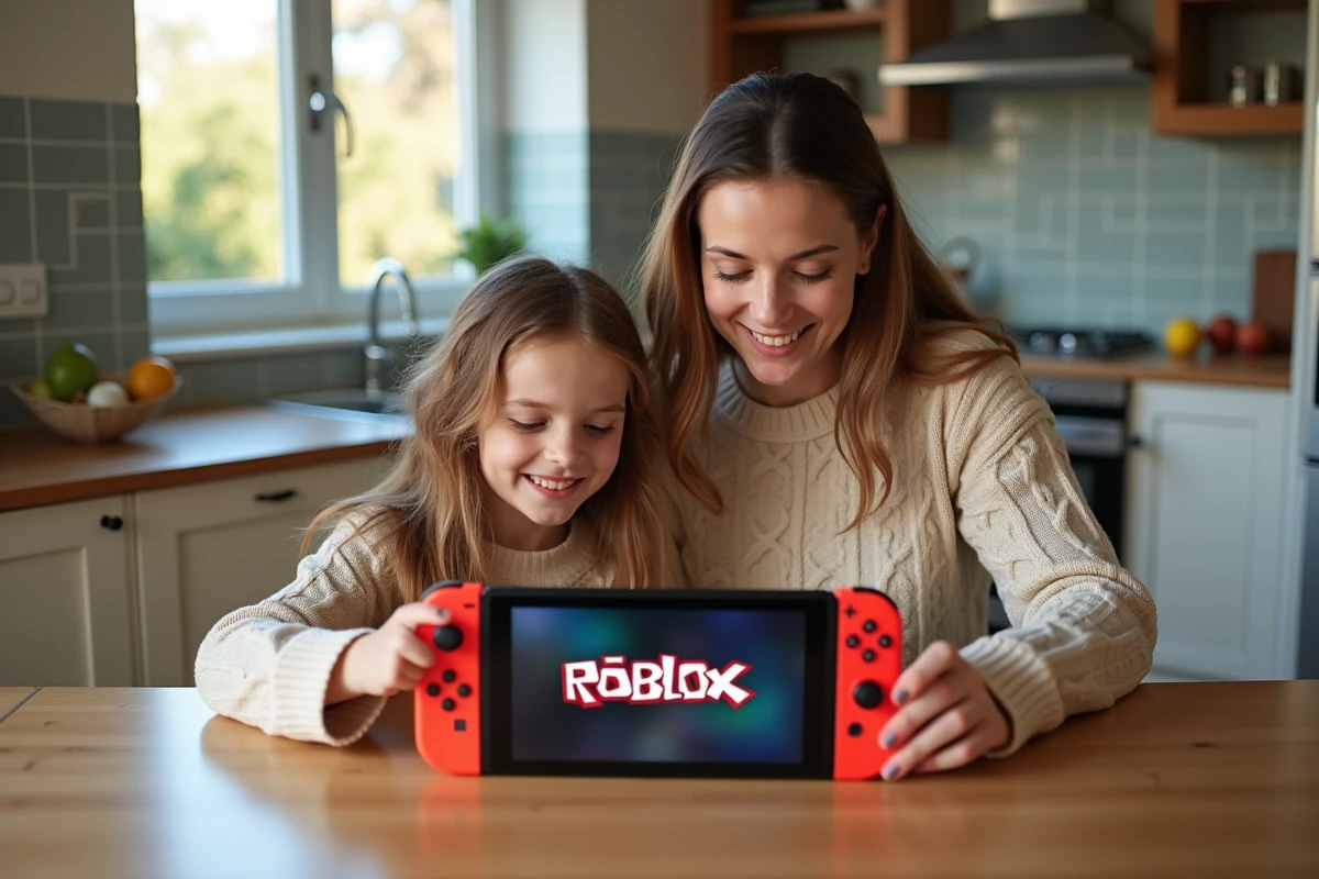 Maman et fille découvrant Roblox sur la Nintendo Switch