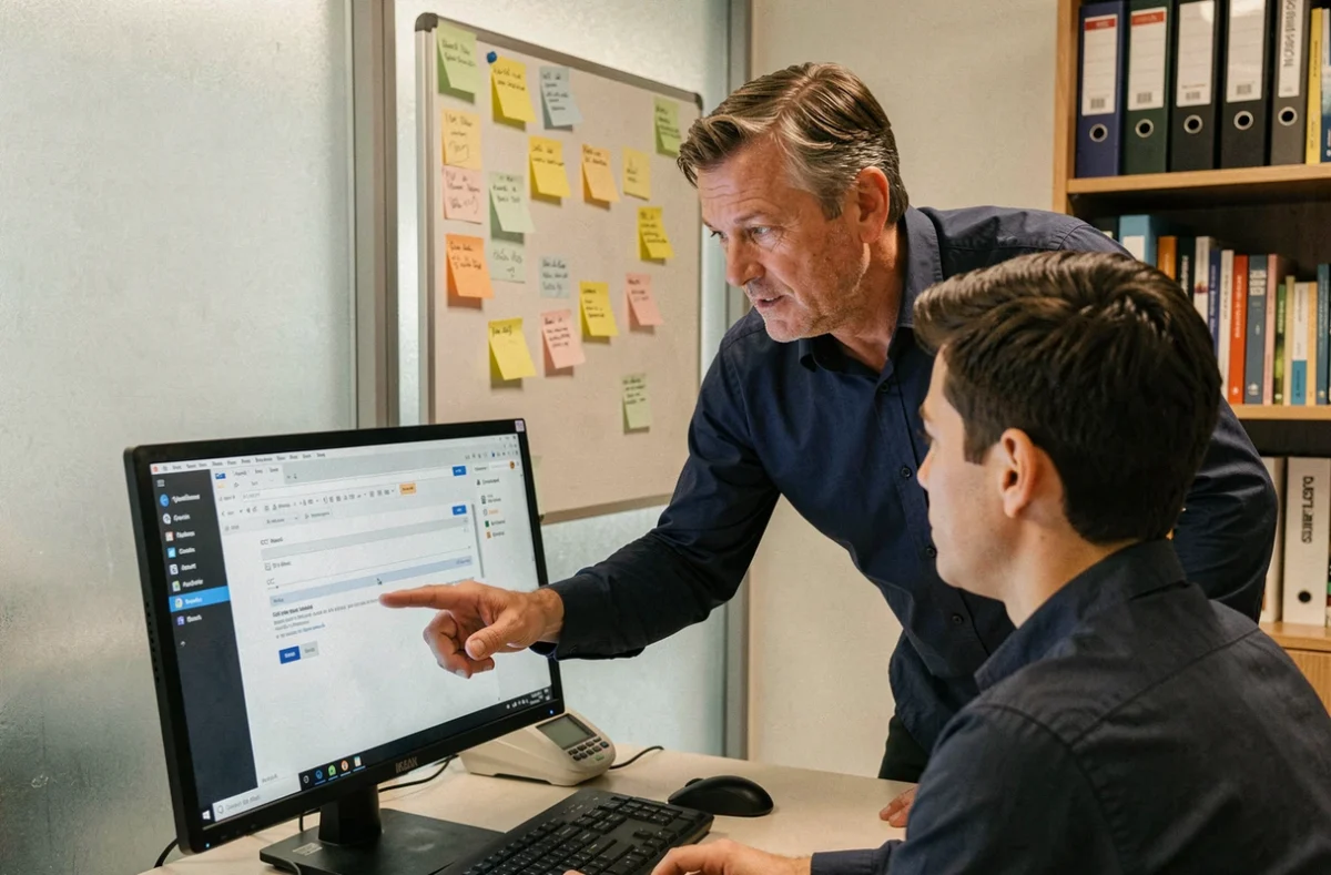 Manager expliquant à un collègue l'utilisation correcte du champ CC dans un email professionnel devant un écran d'ordinateur