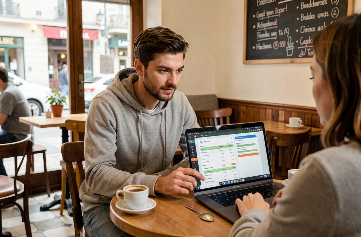 Développeur freelance discutant d'une proposition tarifaire transparente avec un client autour d'un laptop dans un café français