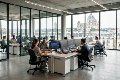 Équipe de professionnels informatiques collaborant dans un bureau moderne à Lyon avec vue sur la ville