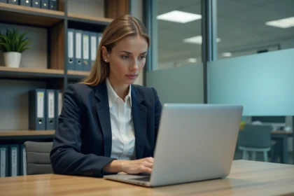 Une enseignante consulte sa messagerie académique ac-bordeaux sur un ordinateur portable dans un bureau administratif scolaire
