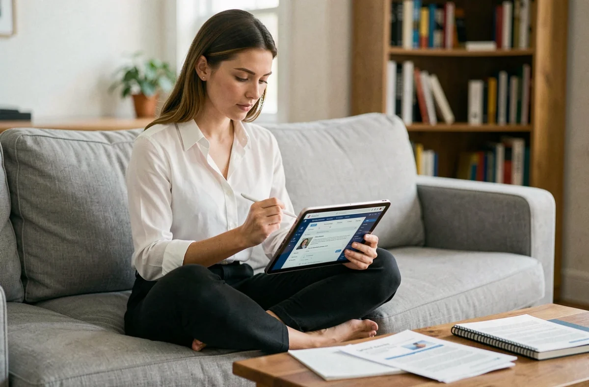 Jeune femme consultant la messagerie ia87 sur une tablette depuis son salon