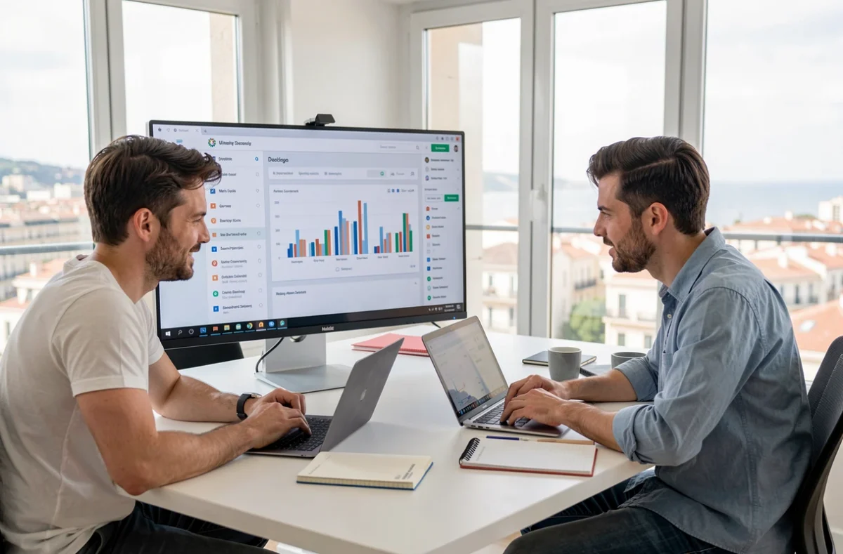 Deux spécialistes web de Net Invaders analysant des statistiques de site internet dans un espace de travail moderne à Marseille