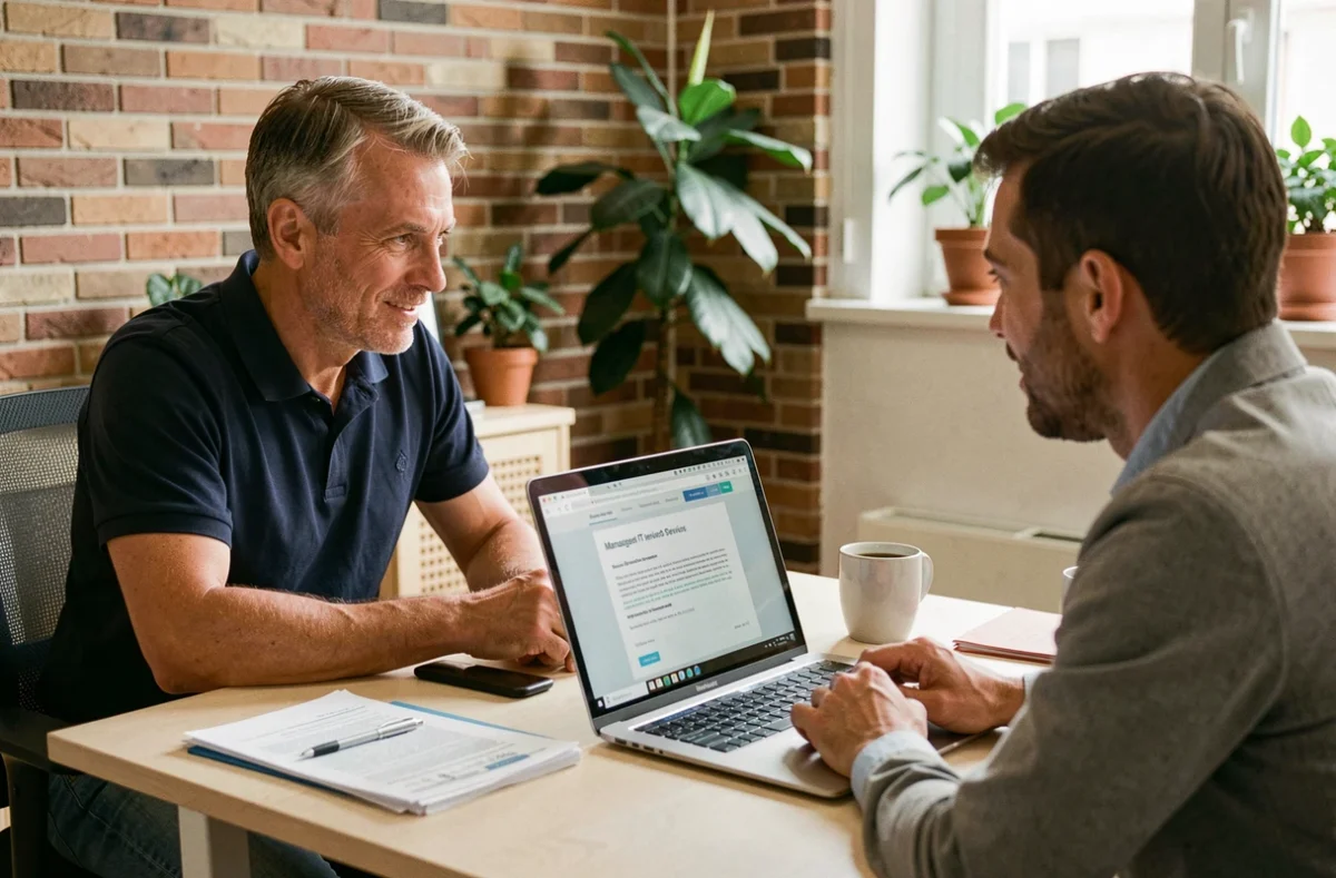 Technicien informatique présentant un contrat d'infogérance à un dirigeant de PME dans un bureau à Marseille