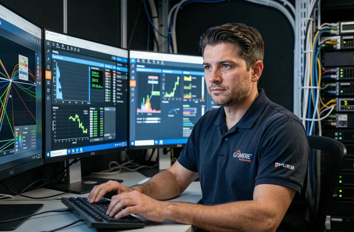 Ingénieur réseau d'Orange Business surveillant des services managés et télécoms d'entreprise depuis un centre d'opérations