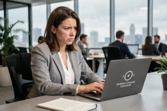 Femme professionnelle frustrée devant un ordinateur portable affichant une erreur, illustrant une panne de service web en entreprise