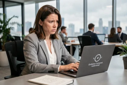 Femme professionnelle frustrée devant un ordinateur portable affichant une erreur, illustrant une panne de service web en entreprise