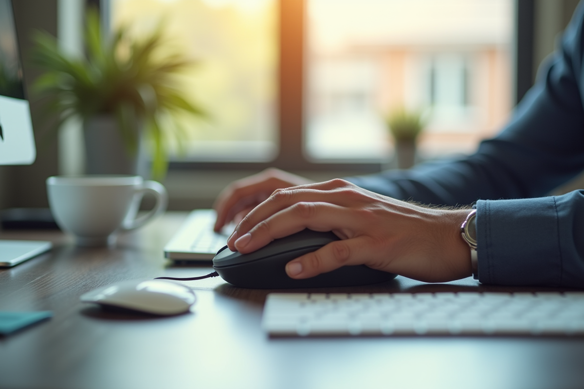 Personne travaillant à un bureau lumineux avec souris et café
