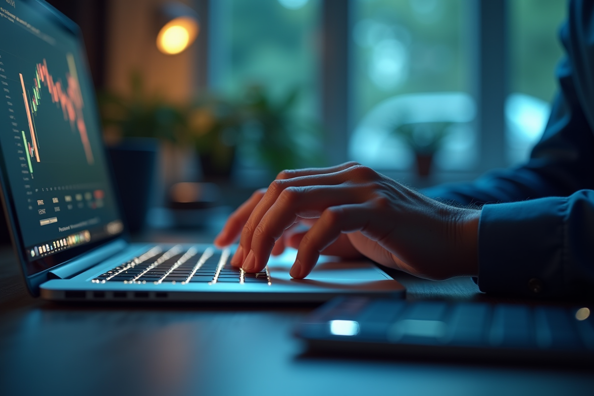 Une personne tape sur un clavier rétroéclairé dans un bureau lumineux