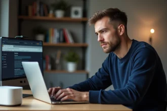 Homme connecté à l'interface mafreebox.freebox.fr sur un ordinateur portable à son bureau à domicile