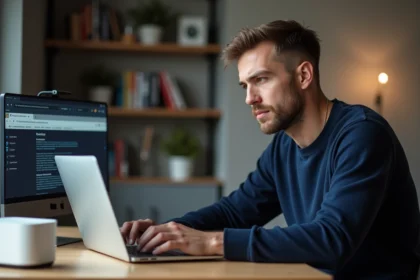Homme connecté à l'interface mafreebox.freebox.fr sur un ordinateur portable à son bureau à domicile