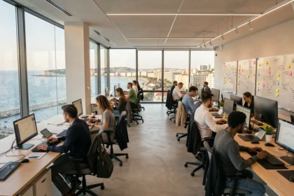 Vue panoramique d'un bureau informatique moderne à Marseille avec des professionnels au travail devant des écrans et une vue sur la mer