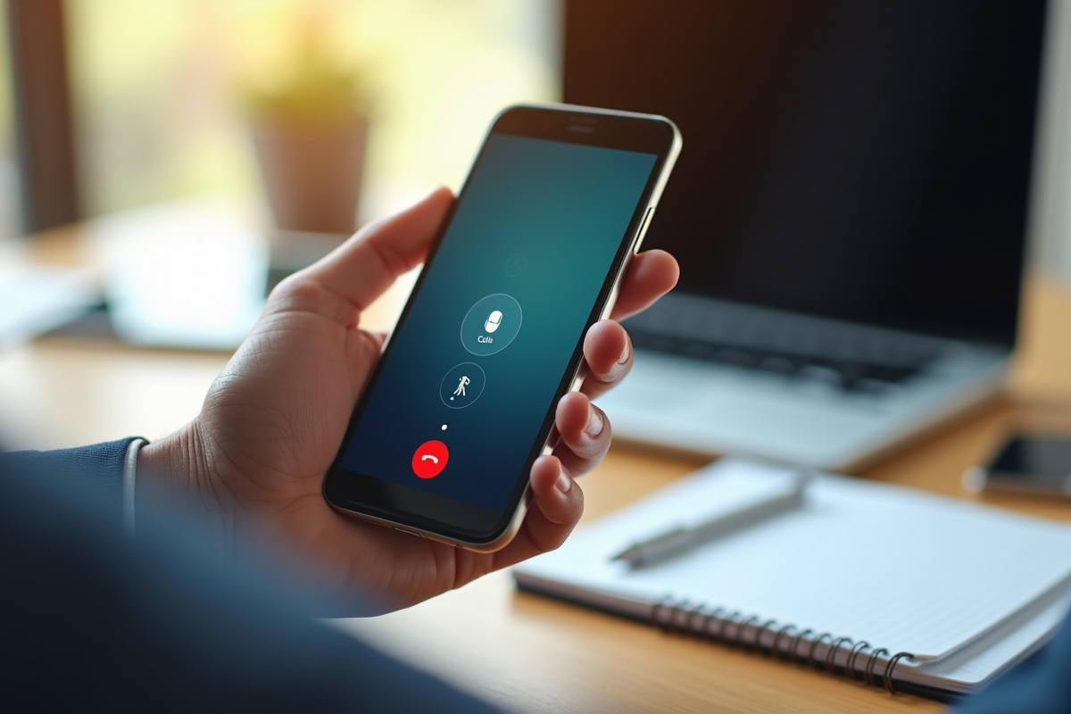 Main tenant un smartphone avec interface VoIP en gros plan