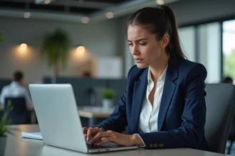 Femme professionnelle frustrée devant un écran de connexion webmail avec message d'erreur de mot de passe