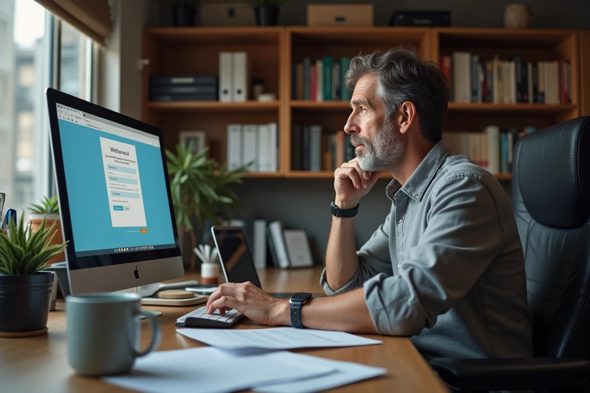 Homme à son bureau à domicile consultant un formulaire de réinitialisation de mot de passe webmail Créteil