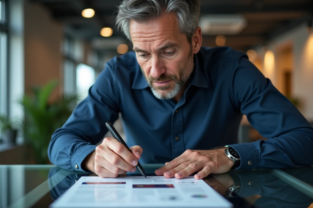 Homme repositionnant précisément une image dans un fichier PDF sur une tablette tactile en environnement de bureau professionnel