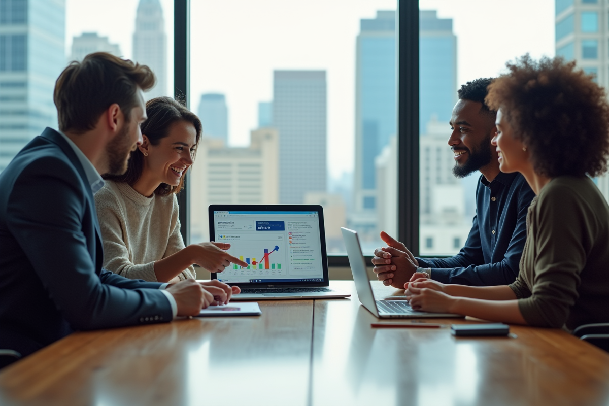 Groupe de collègues marketing discutant autour d