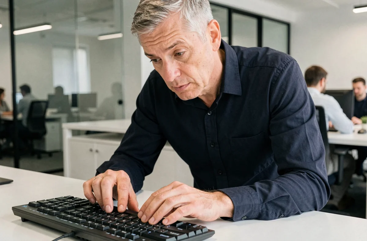 Homme cherchant comment taper l'arobase sur un clavier AZERTY dans un bureau professionnel