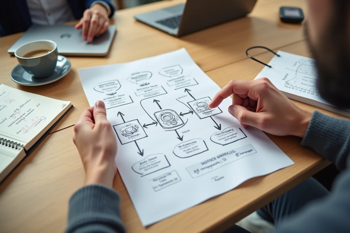 Mains d'un professionnel tenant un schéma imprimé du pipeline Neural Radiance Fields dans un espace de coworking collaboratif