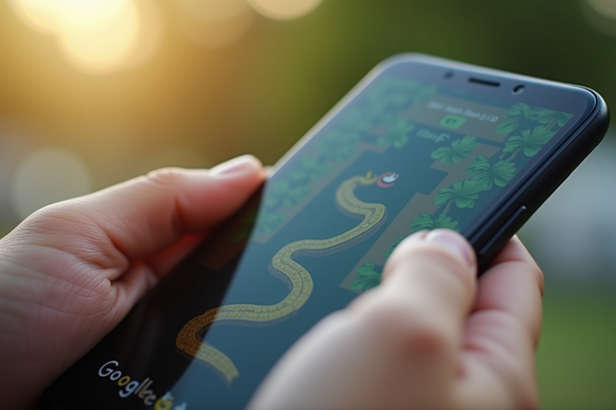 Zoom sur un smartphone affichant Google Snake en cours