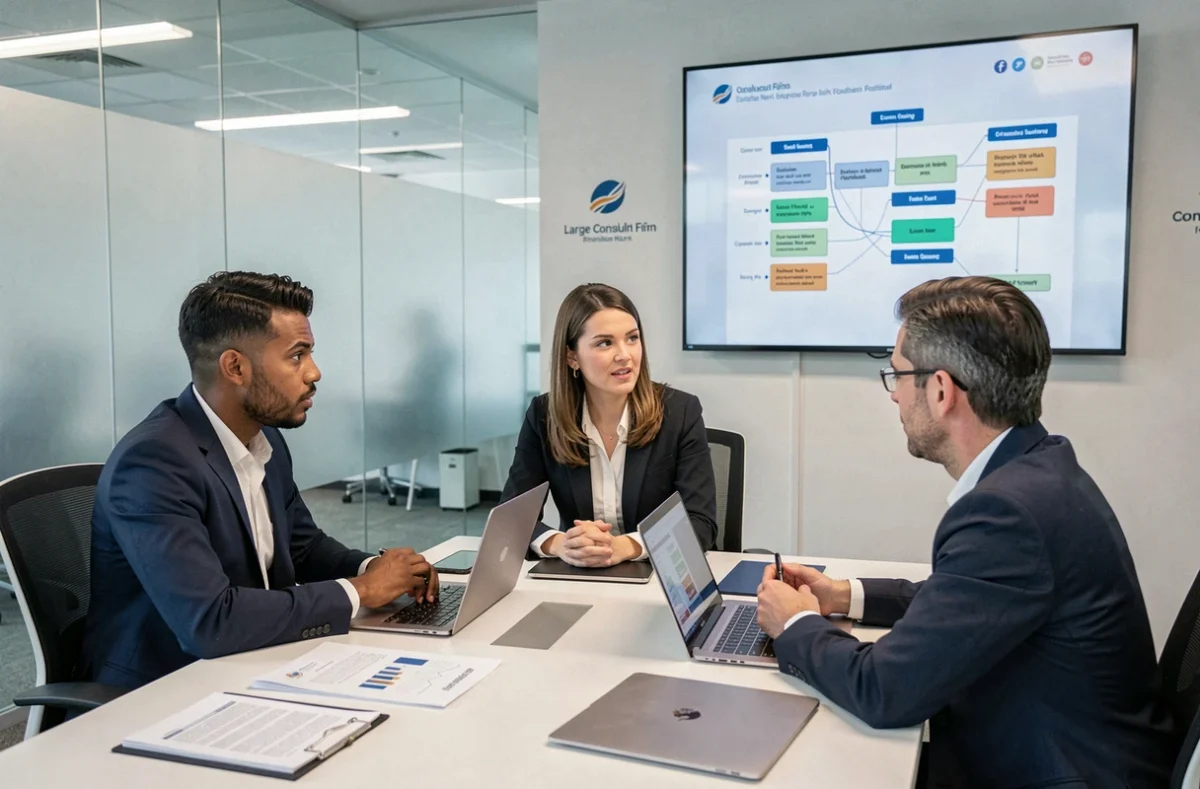 Équipe de consultants Sopra Steria en réunion de projet dans une salle moderne