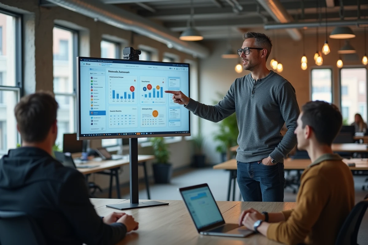 Responsable PME présentant une stratégie multimédia digitale sur grand écran à son équipe en espace de coworking