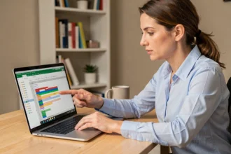 Femme analysant un tableau Excel avec des doublons mis en évidence sur un ordinateur portable dans un bureau à domicile