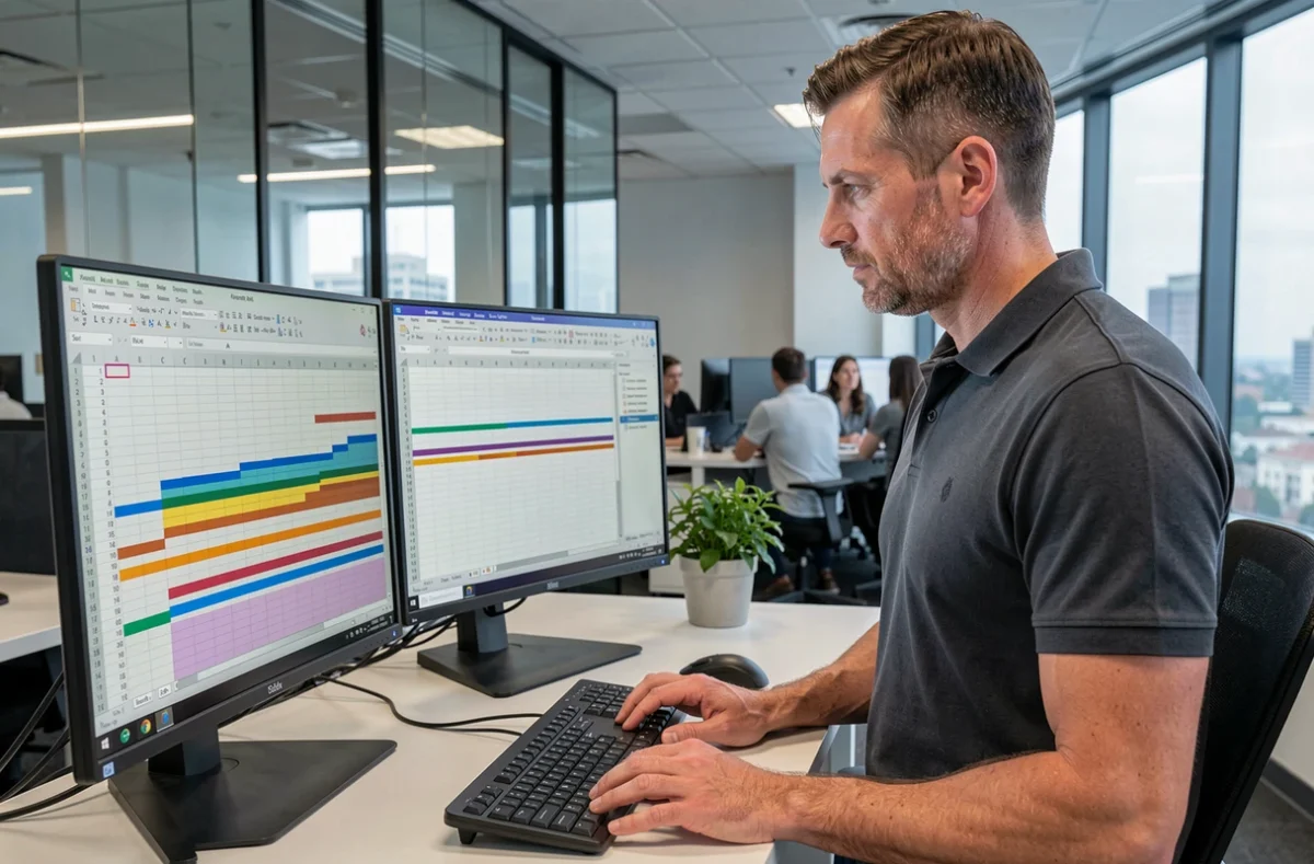 Homme debout devant deux écrans Excel dans un bureau open space moderne pour supprimer des doublons selon un critère