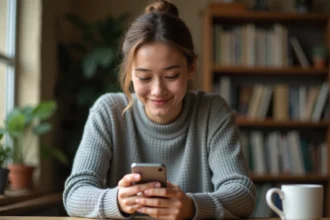 Femme utilisant WhatsApp sur smartphone Android pour surligner du texte dans une conversation