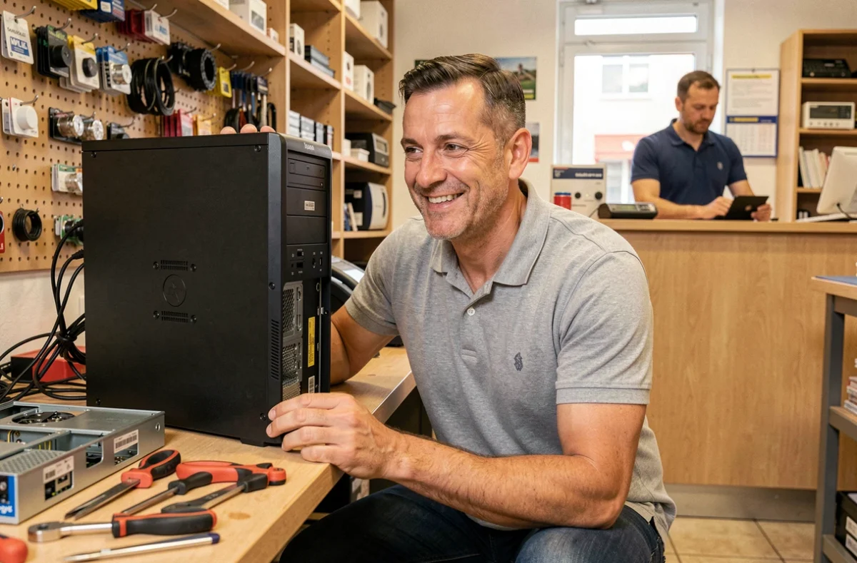 Technicien de TD Info effectuant un dépannage informatique de proximité dans une boutique locale à Marseille