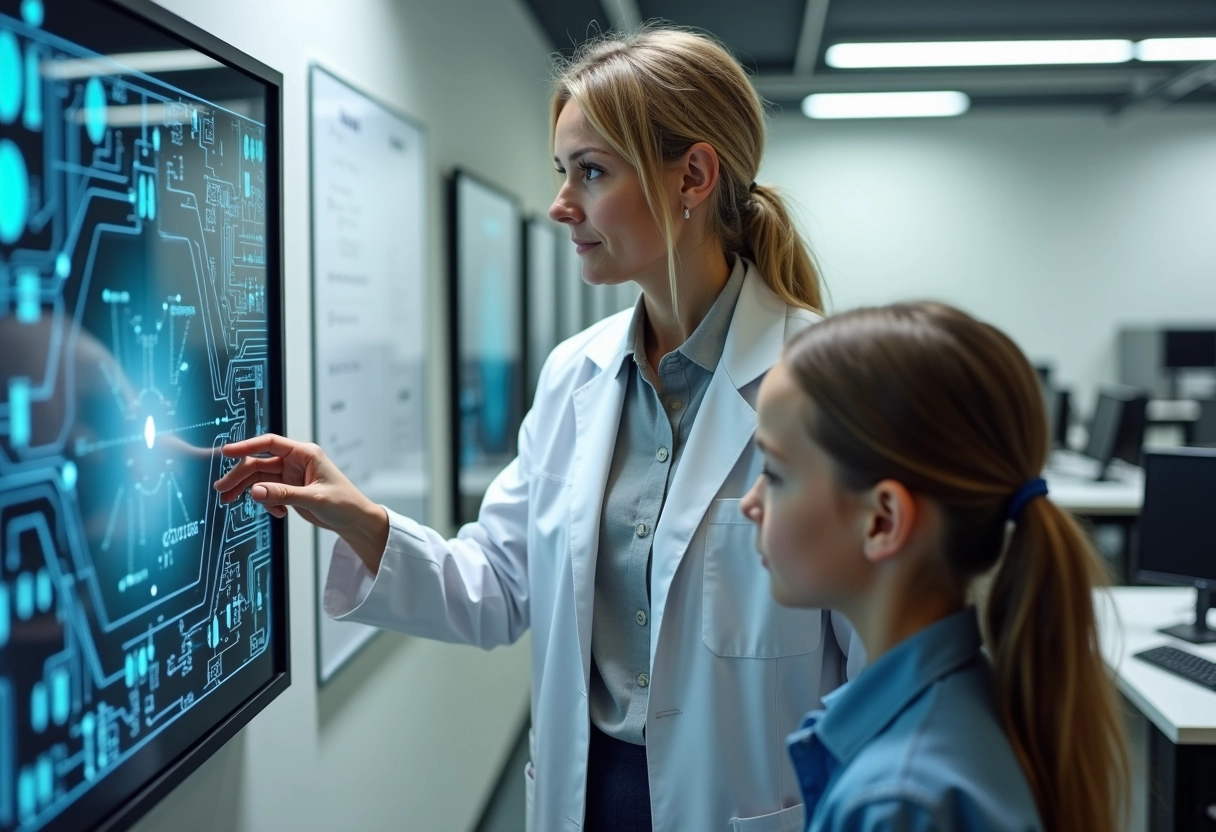 Technicienne expliquant un circuit à une adolescente dans un laboratoire