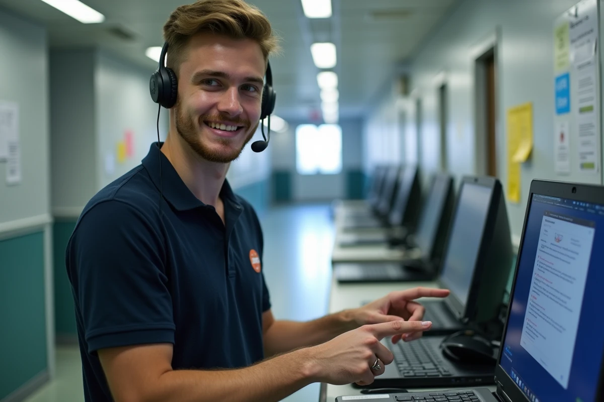 Technicien informatique aidant à résoudre un problème de connexion au webmail dans une administration publique