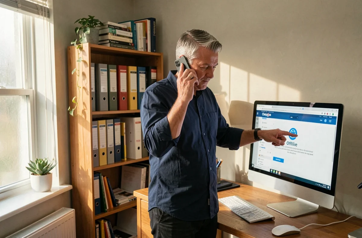 Homme en télétravail gérant une panne informatique avec son téléphone et son ordinateur de bureau à domicile
