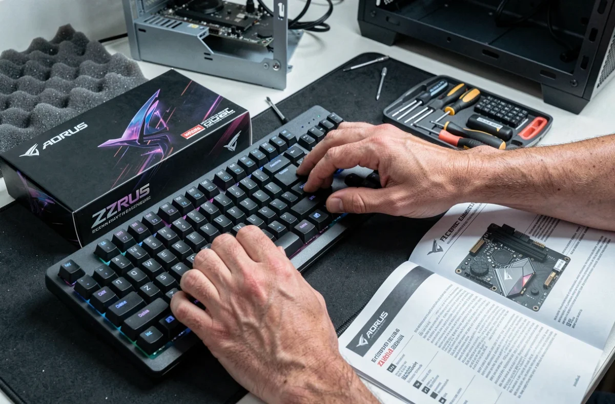 Mains appuyant sur les touches F2 et Suppr d'un clavier gaming pour accéder au BIOS d'une carte mère AORUS avec manuel ouvert à côté