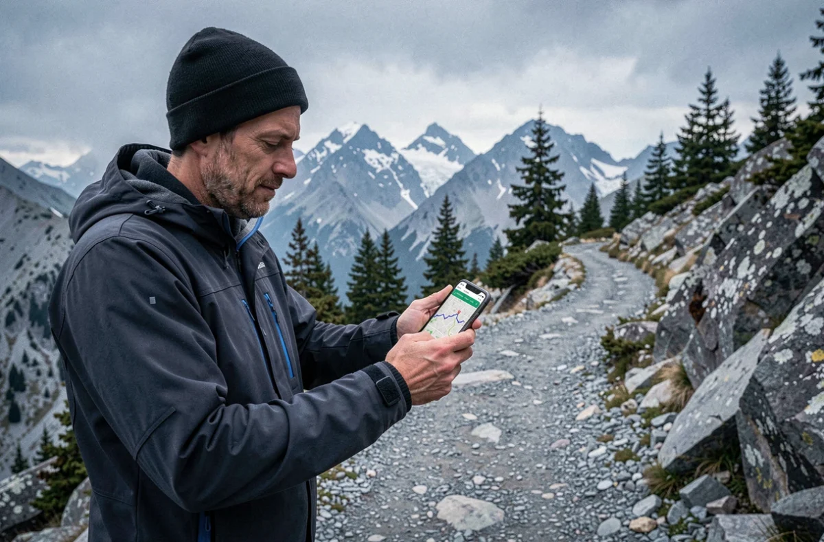 Randonneur consultant une trace GPX importée sur Google Maps hors connexion en montagne