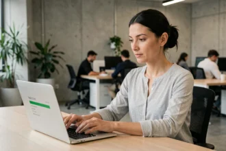 Femme professionnelle transférant des fichiers clients sur un ordinateur portable dans un bureau moderne, comparant FTP et Swisstransfer