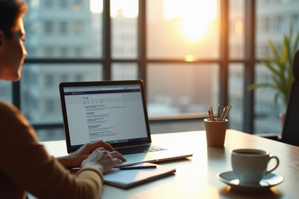 Personne travaillant sur un ordinateur portable lumineux au bureau