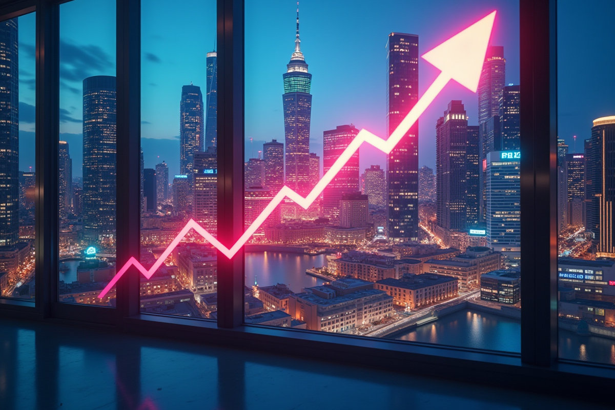 Reflet de la ville avec graphiques numériques et flèche de croissance