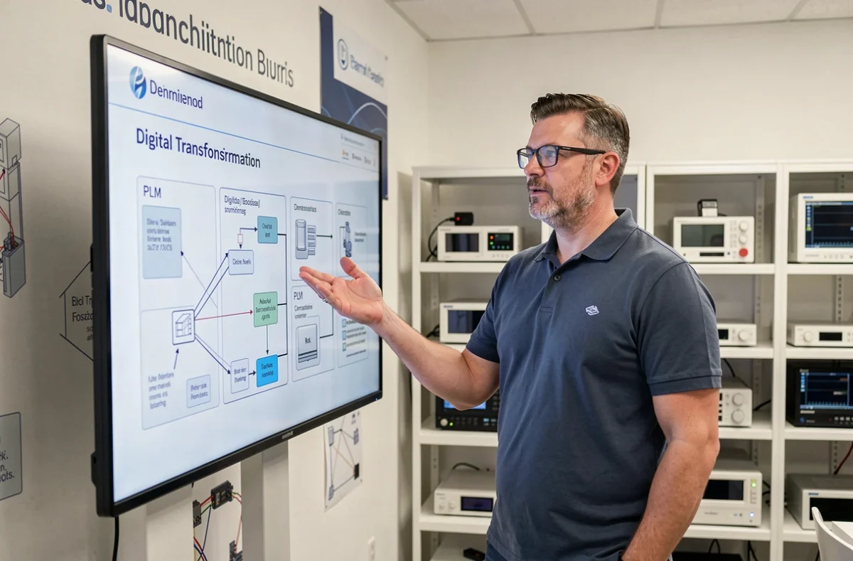 Ingénieur Visiativ présentant une solution de transformation digitale sur écran interactif à Lyon