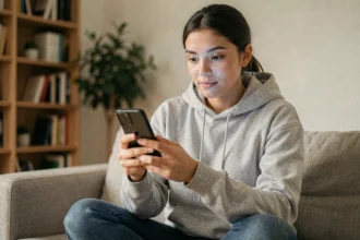 Jeune femme consultant une story Snapchat anonymement sur un smartphone Android dans un salon moderne