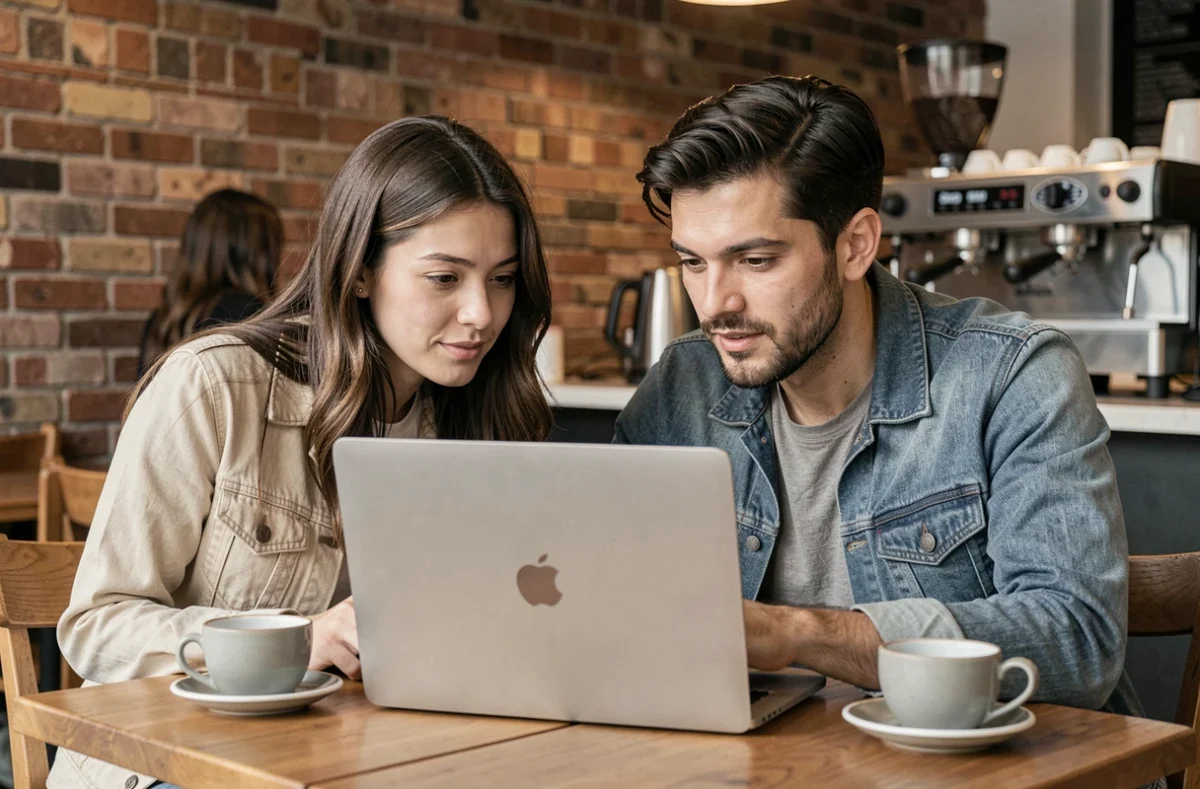 Deux amis regardant des stories Snapchat anonymement sur un ordinateur portable dans un café urbain